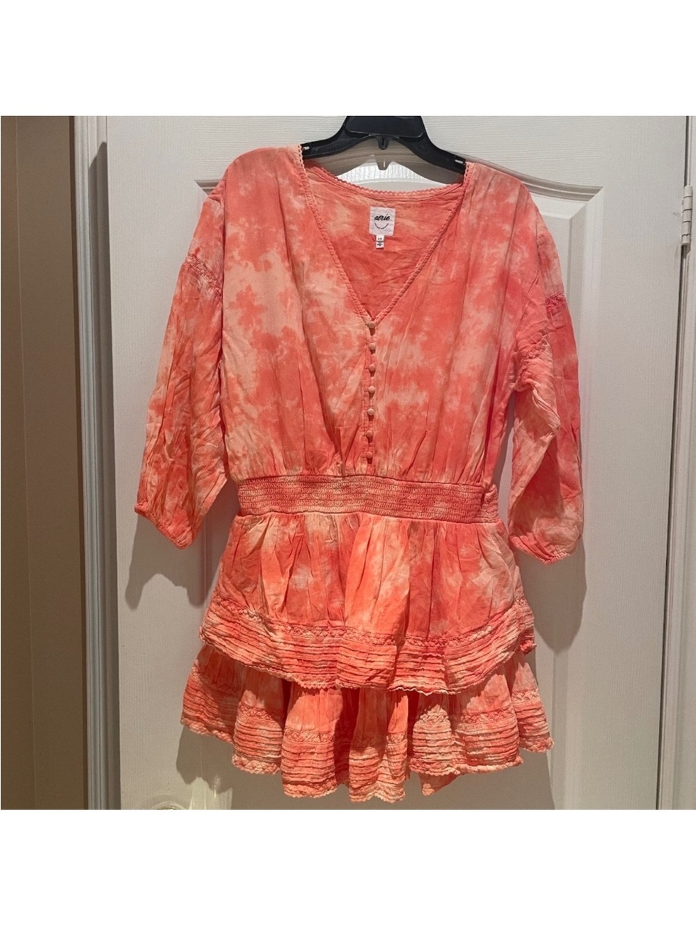 aerie Coral Tie-Dye V-Neck Peasant Tunic